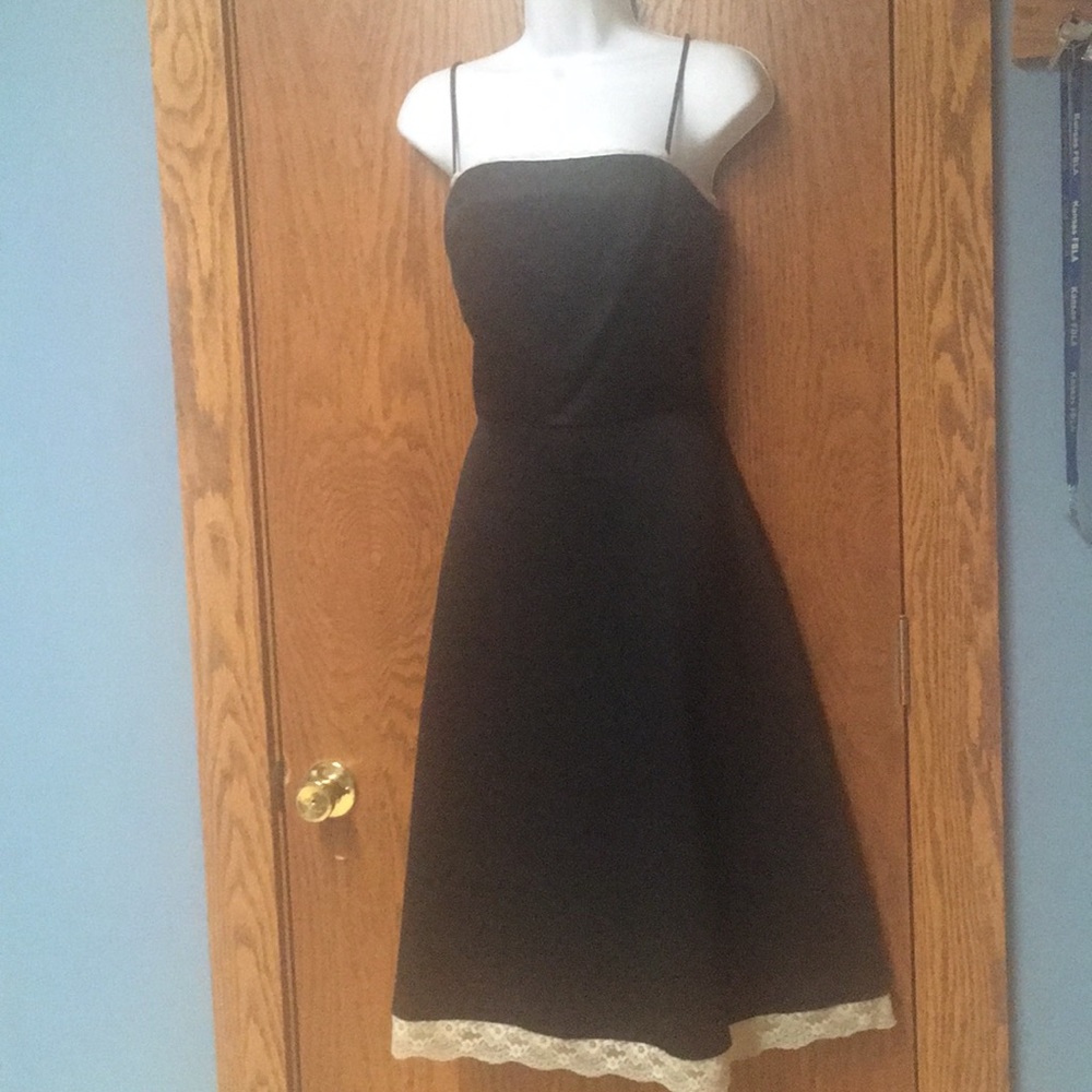 Satin Black Prom Dress with Ecru Lace Trim
